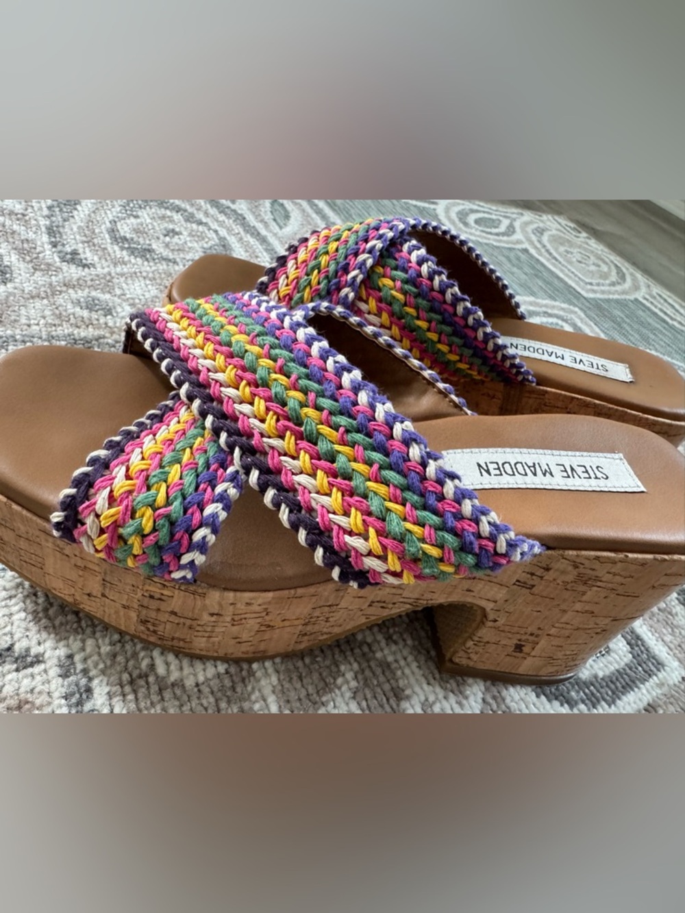 Steve Madden Bright Multi Woven Overlay Braided Cork Platform Sandals Size 8